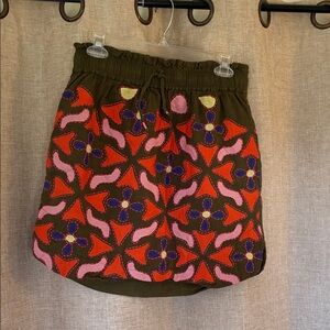 Anthropologie Olive Mini Skirt with Red and Pink Embroidery